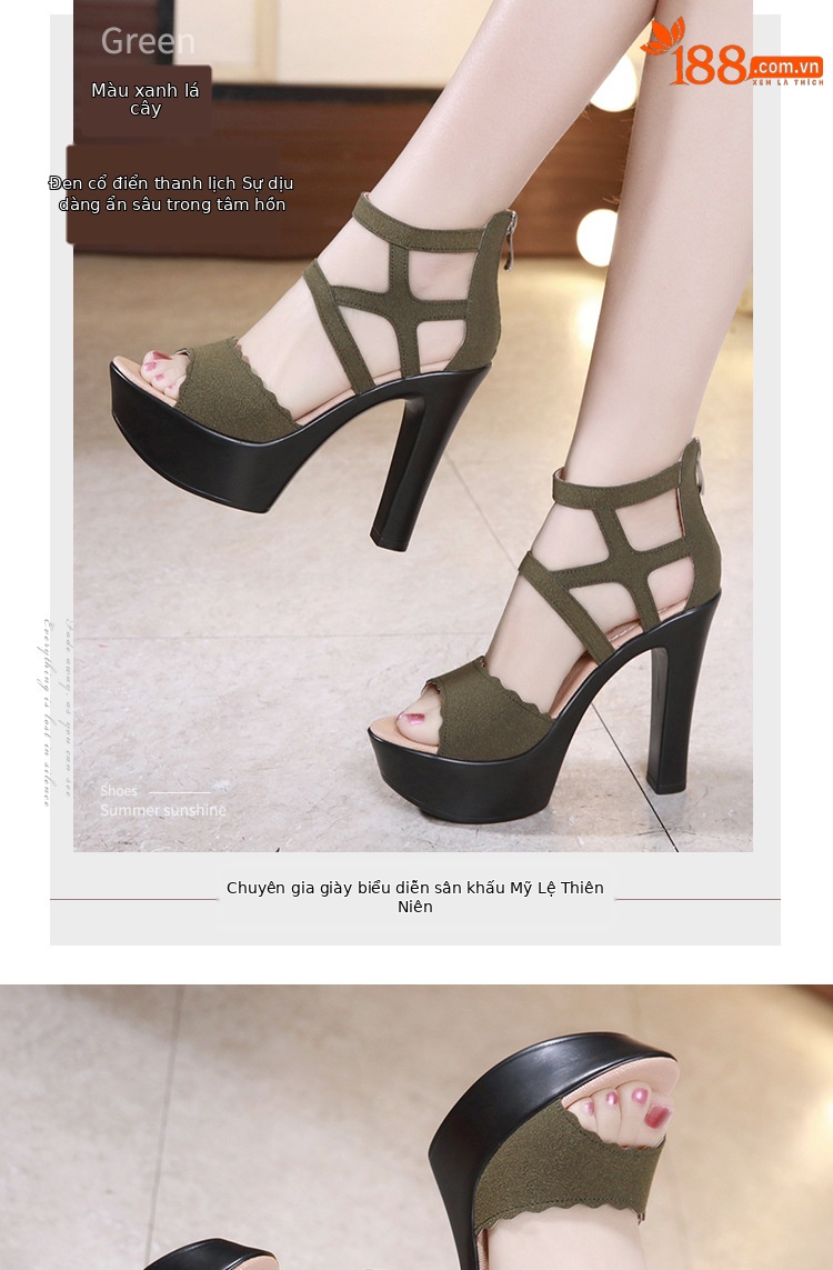 Sandal cao gót nữ hở mũi phong cách La Mã, gót dày đế xuồng 10–13 cm — Màu xanh 13cm, Màu Xanh Lá 10cm, Đen 13cm, Màu đen 10cm chi tiết 8