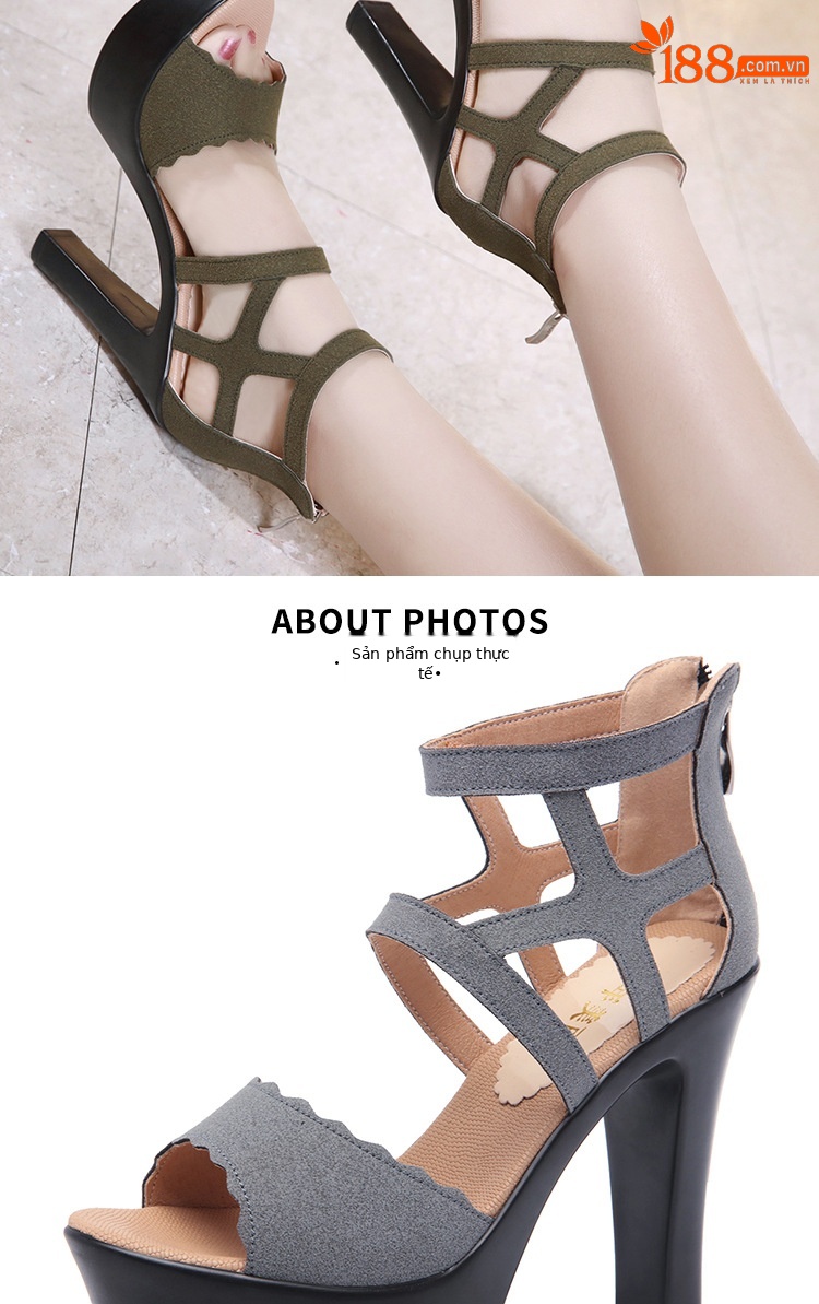 Sandal cao gót nữ hở mũi phong cách La Mã, gót dày đế xuồng 10–13 cm — Màu xanh 13cm, Màu Xanh Lá 10cm, Đen 13cm, Màu đen 10cm chi tiết 9