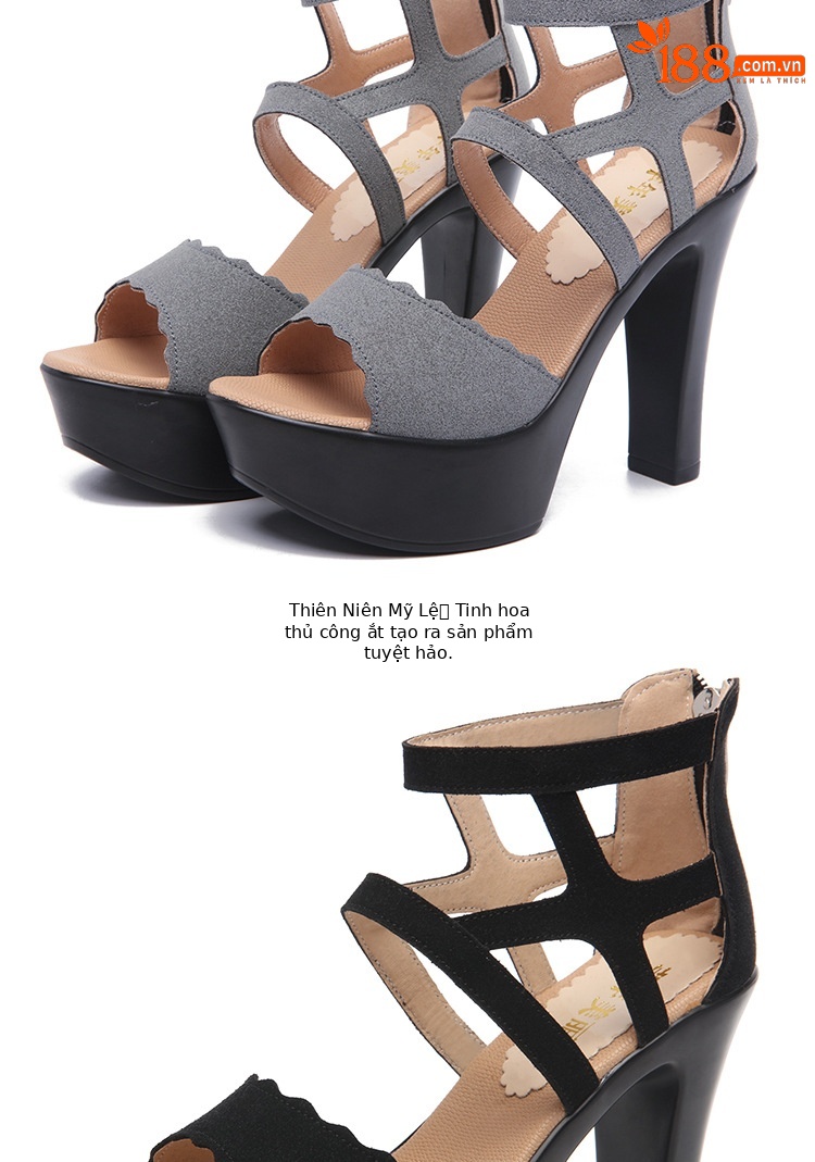 Sandal cao gót nữ hở mũi phong cách La Mã, gót dày đế xuồng 10–13 cm — Màu xanh 13cm, Màu Xanh Lá 10cm, Đen 13cm, Màu đen 10cm chi tiết 11