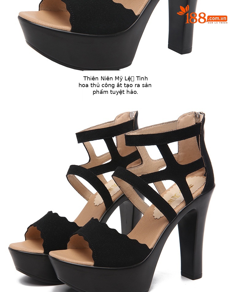 Sandal cao gót nữ hở mũi phong cách La Mã, gót dày đế xuồng 10–13 cm — Màu xanh 13cm, Màu Xanh Lá 10cm, Đen 13cm, Màu đen 10cm chi tiết 12