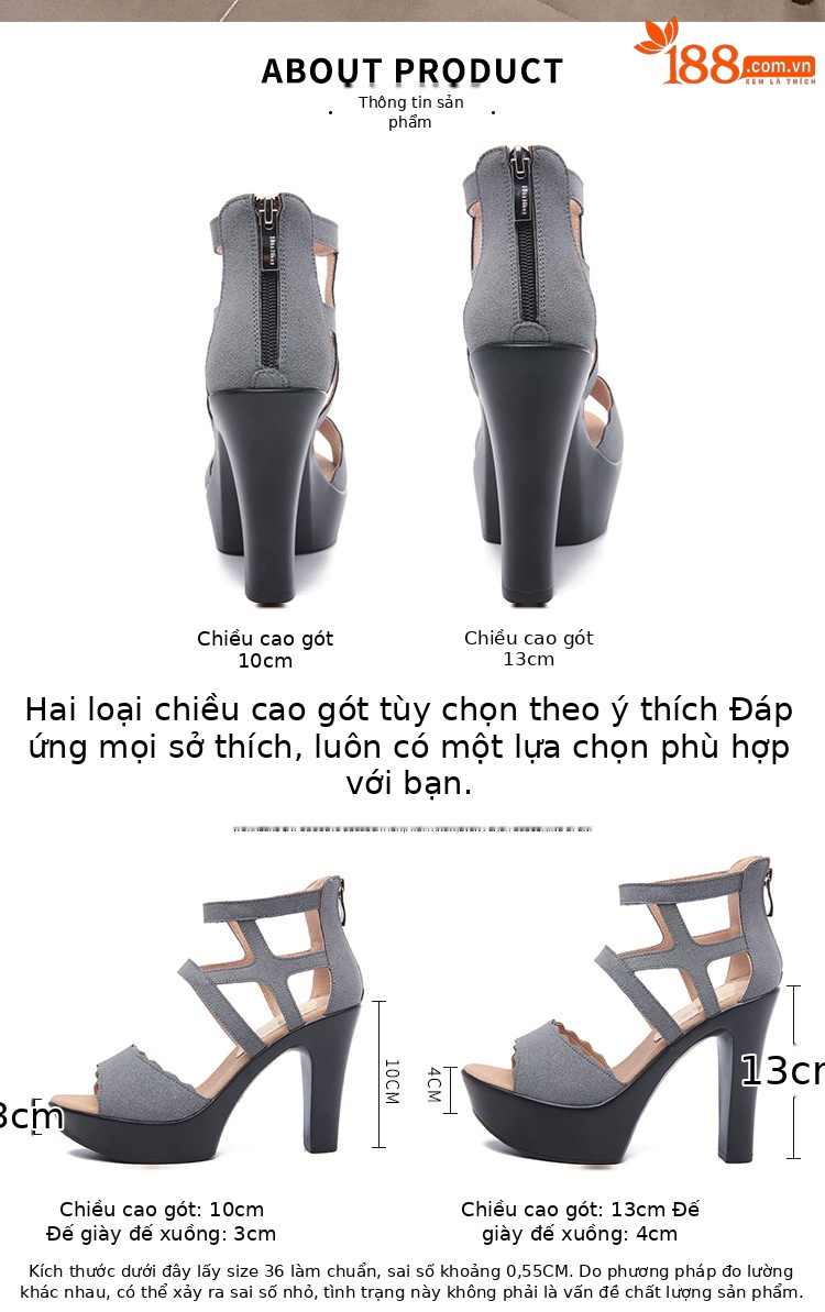 Sandal cao gót nữ hở mũi phong cách La Mã, gót dày đế xuồng 10–13 cm — Màu xanh 13cm, Màu Xanh Lá 10cm, Đen 13cm, Màu đen 10cm chi tiết 2