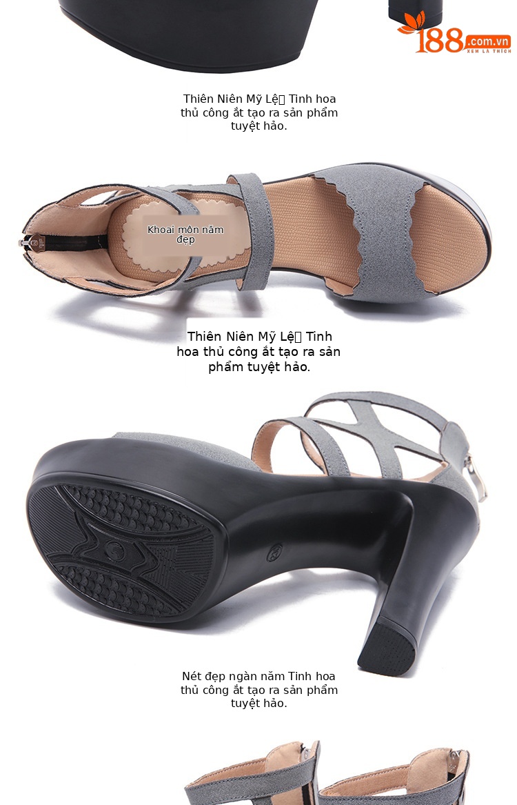 Sandal cao gót nữ hở mũi phong cách La Mã, gót dày đế xuồng 10–13 cm — Màu xanh 13cm, Màu Xanh Lá 10cm, Đen 13cm, Màu đen 10cm chi tiết 10