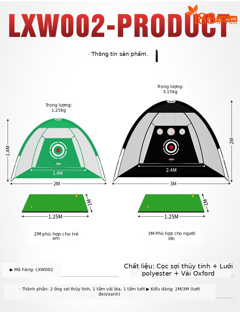 Lưới tập golf PGM trong nhà có lỗ cắt, khung lều dễ lắp, kích thước 2m hoặc 3m — [Gói] Lưới thực hành đệm 1x1.25 mét chi tiết 6