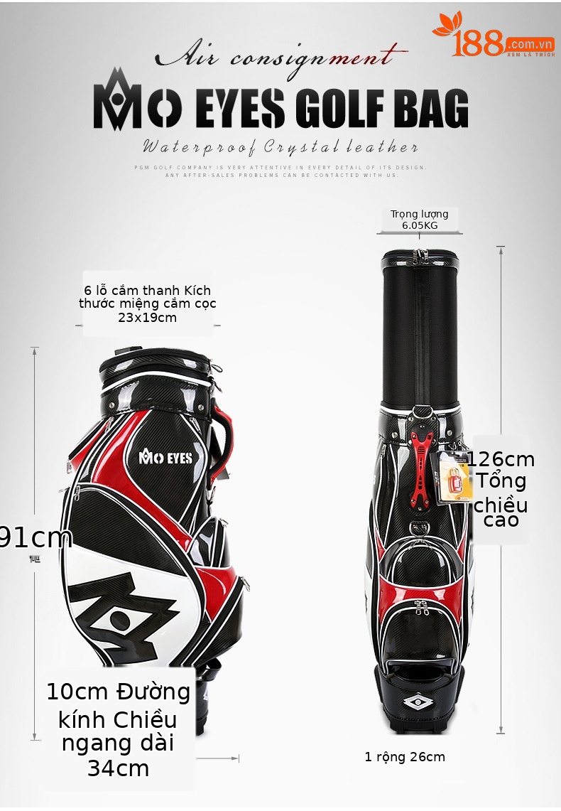 Túi đựng gậy golf PGM dạng ống kính thiên văn chống nước, cao 126 cm — Túi Kính thiên văn QB058MO EYES màu đỏ đen, QB058MO EYES Túi Kính thiên văn màu đen vàng chi tiết 10