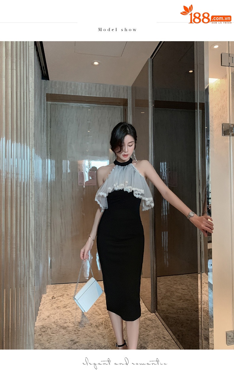 Đầm dạ hội cổ yếm phối lưới xếp nếp ôm dáng tay khoét — Màu đen chi tiết 2