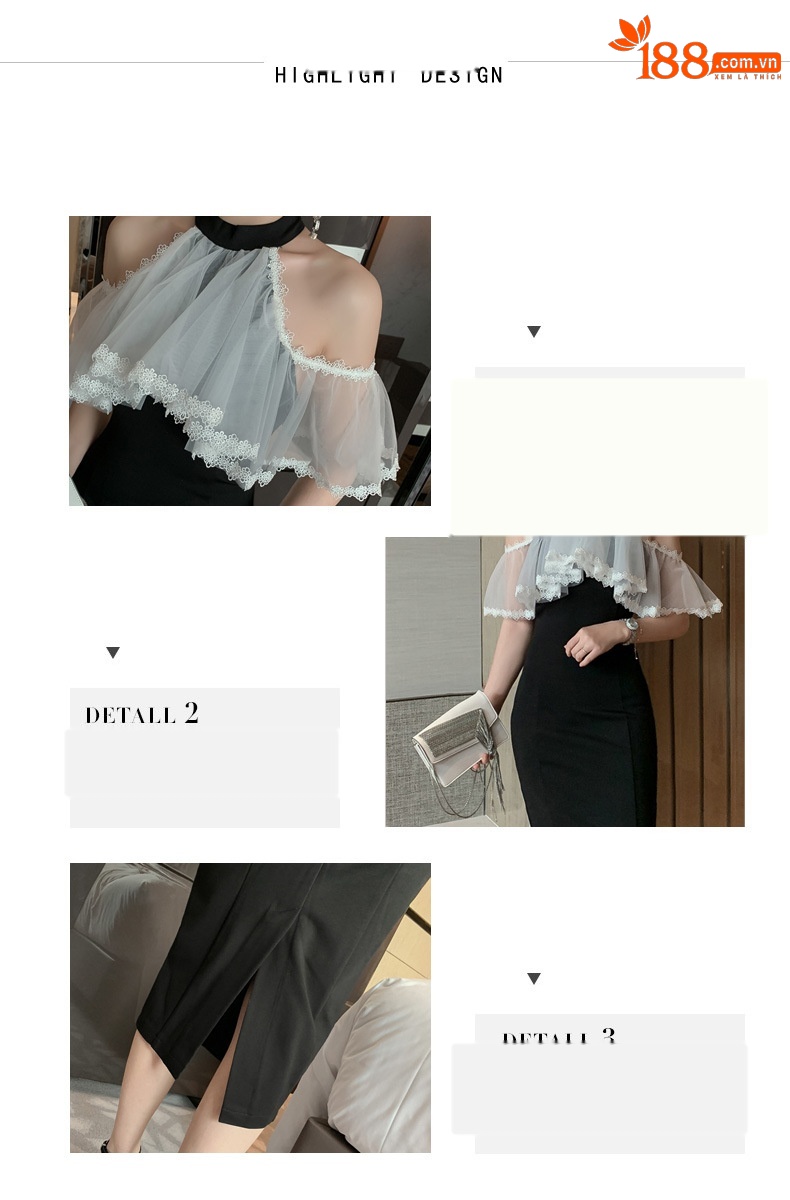 Đầm dạ hội cổ yếm phối lưới xếp nếp ôm dáng tay khoét — Màu đen chi tiết 1