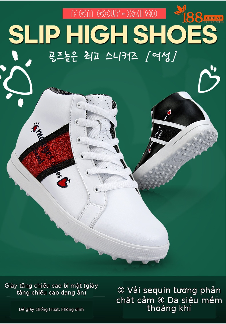 Giày golf nữ PGM cao cổ chống thấm thoáng khí, đế foam êm, gót trong 6 cm — Giày tăng chiều cao bên trong xz120 MO EYES màu đen, Xz120 MO EYES bên trong giày tăng chiều cao màu trắng chi tiết 1