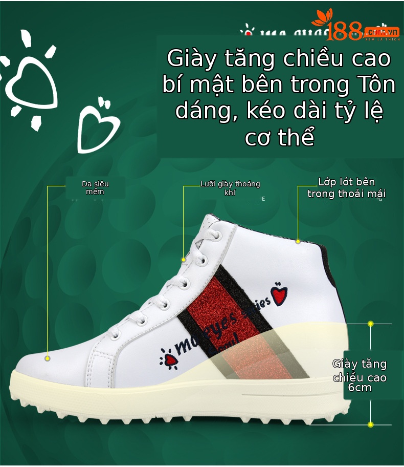 Giày golf nữ PGM cao cổ chống thấm thoáng khí, đế foam êm, gót trong 6 cm — Giày tăng chiều cao bên trong xz120 MO EYES màu đen, Xz120 MO EYES bên trong giày tăng chiều cao màu trắng chi tiết 4