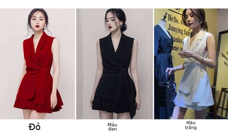 Đầm suông nữ midi cổ V không tay, chất liệu polyester phối ren — Trắng, Đỏ, Đen chi tiết 3