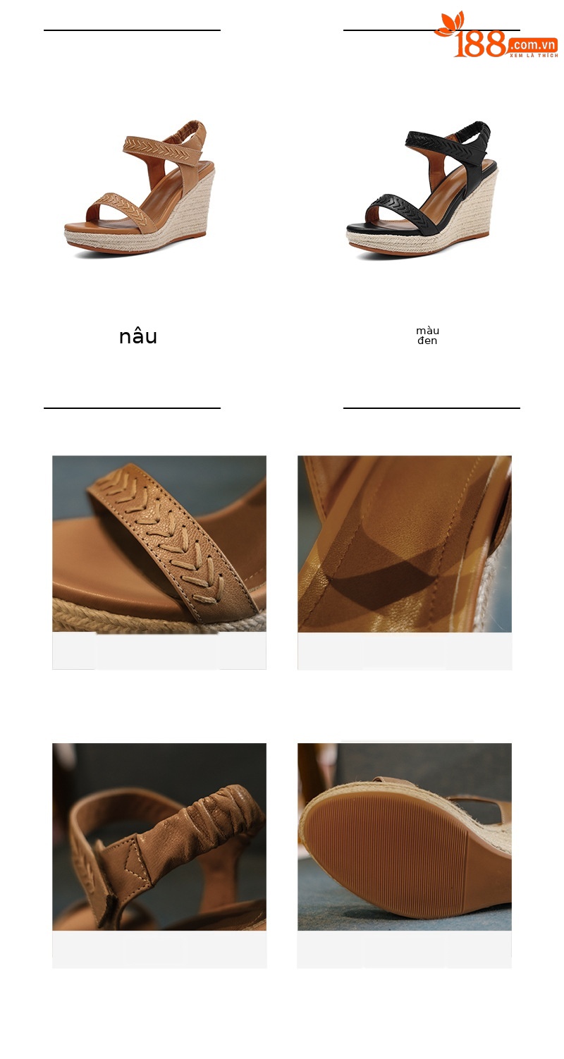 Sandal nữ đế xuồng dệt rơm da bò quai ngang khóa chữ — Màu nâu chi tiết 1