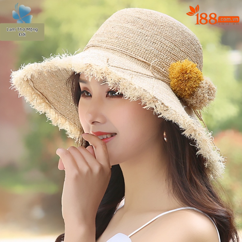 Mũ cói raffia vành rộng chống nắng gấp gọn đi biển — Màu be