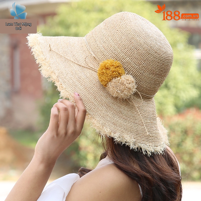Mũ cói raffia vành rộng chống nắng gấp gọn đi biển — Màu be