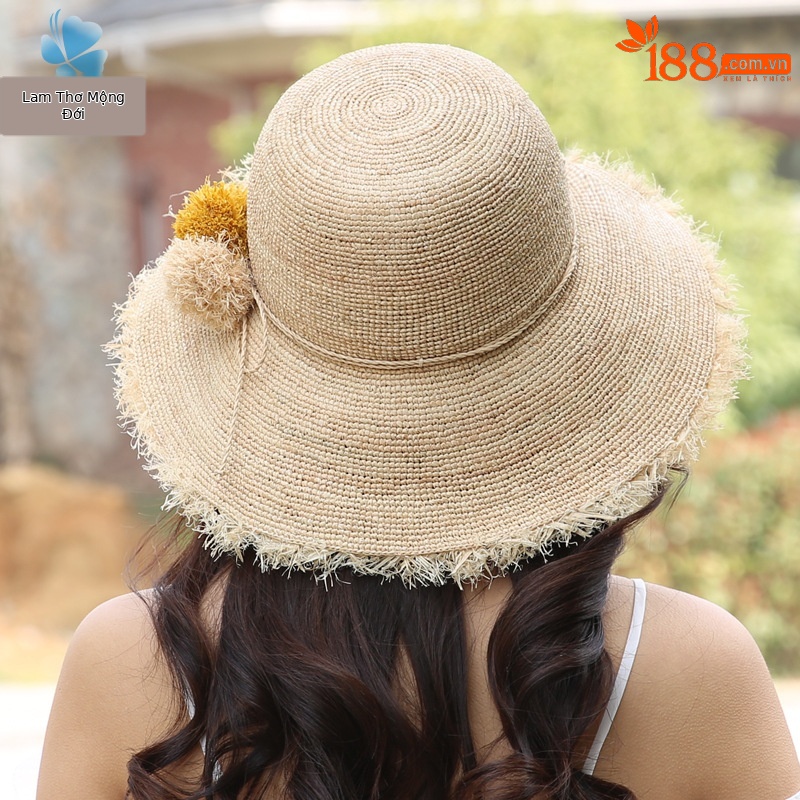 Mũ cói raffia vành rộng chống nắng gấp gọn đi biển — Màu be