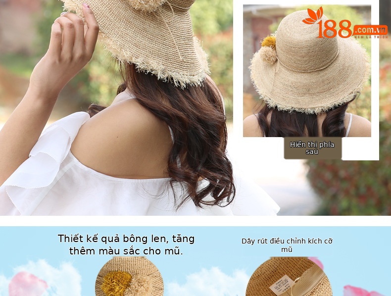 Mũ cói raffia vành rộng chống nắng gấp gọn đi biển — Màu be chi tiết 3