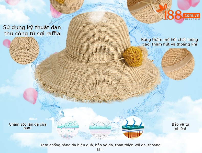 Mũ cói raffia vành rộng chống nắng gấp gọn đi biển — Màu be chi tiết 4
