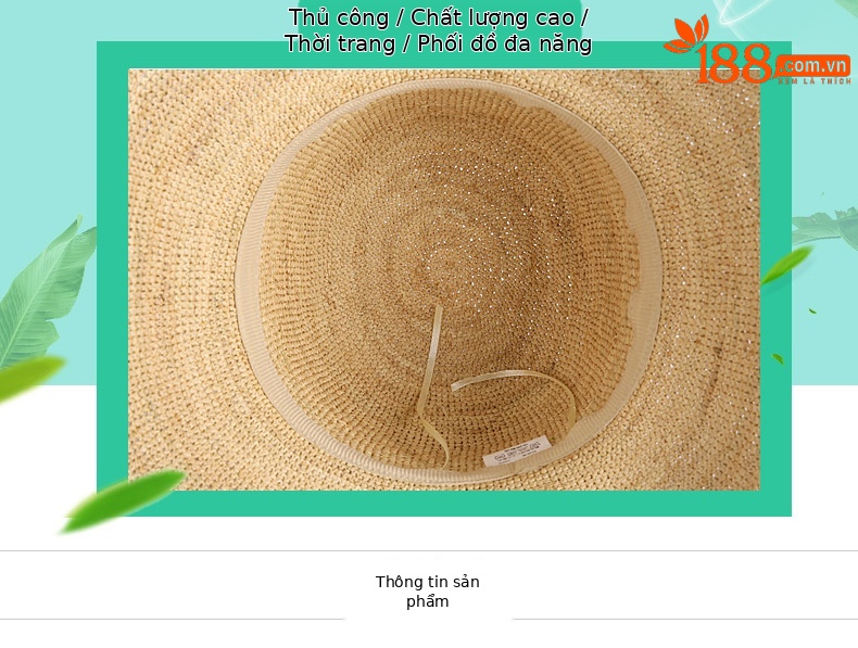 Mũ cói raffia vành rộng chống nắng gấp gọn đi biển — Màu be chi tiết 6