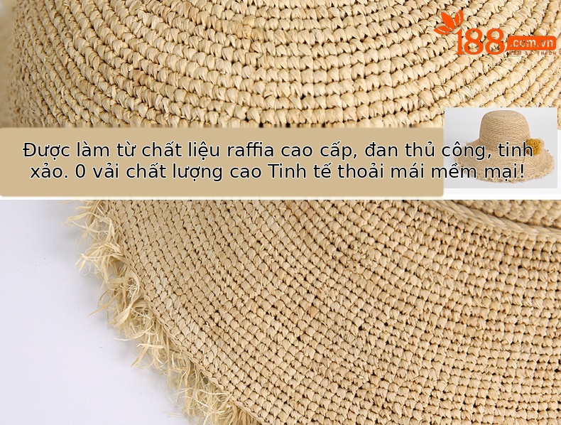 Mũ cói raffia vành rộng chống nắng gấp gọn đi biển — Màu be chi tiết 8