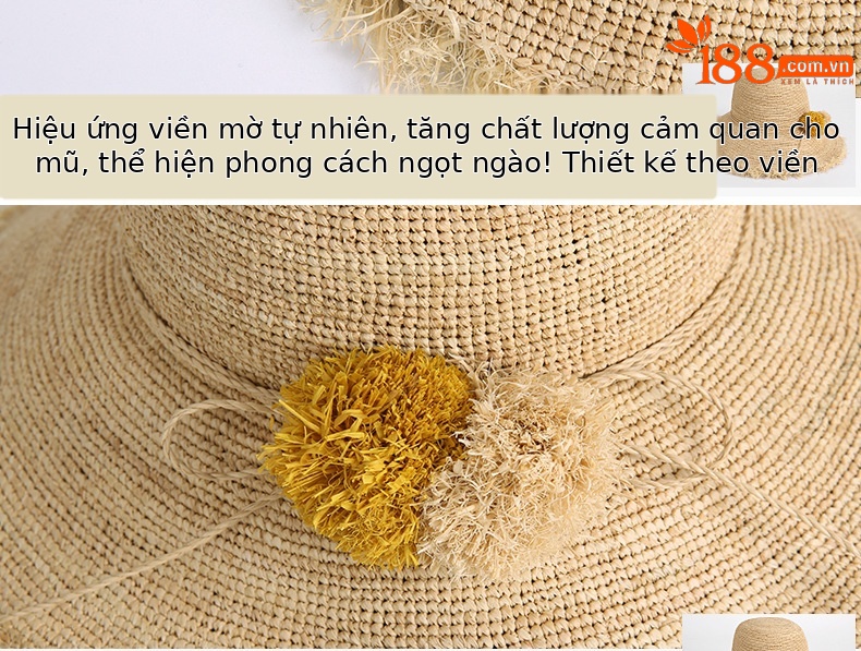 Mũ cói raffia vành rộng chống nắng gấp gọn đi biển — Màu be chi tiết 9