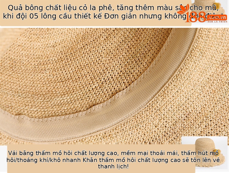 Mũ cói raffia vành rộng chống nắng gấp gọn đi biển — Màu be chi tiết 10