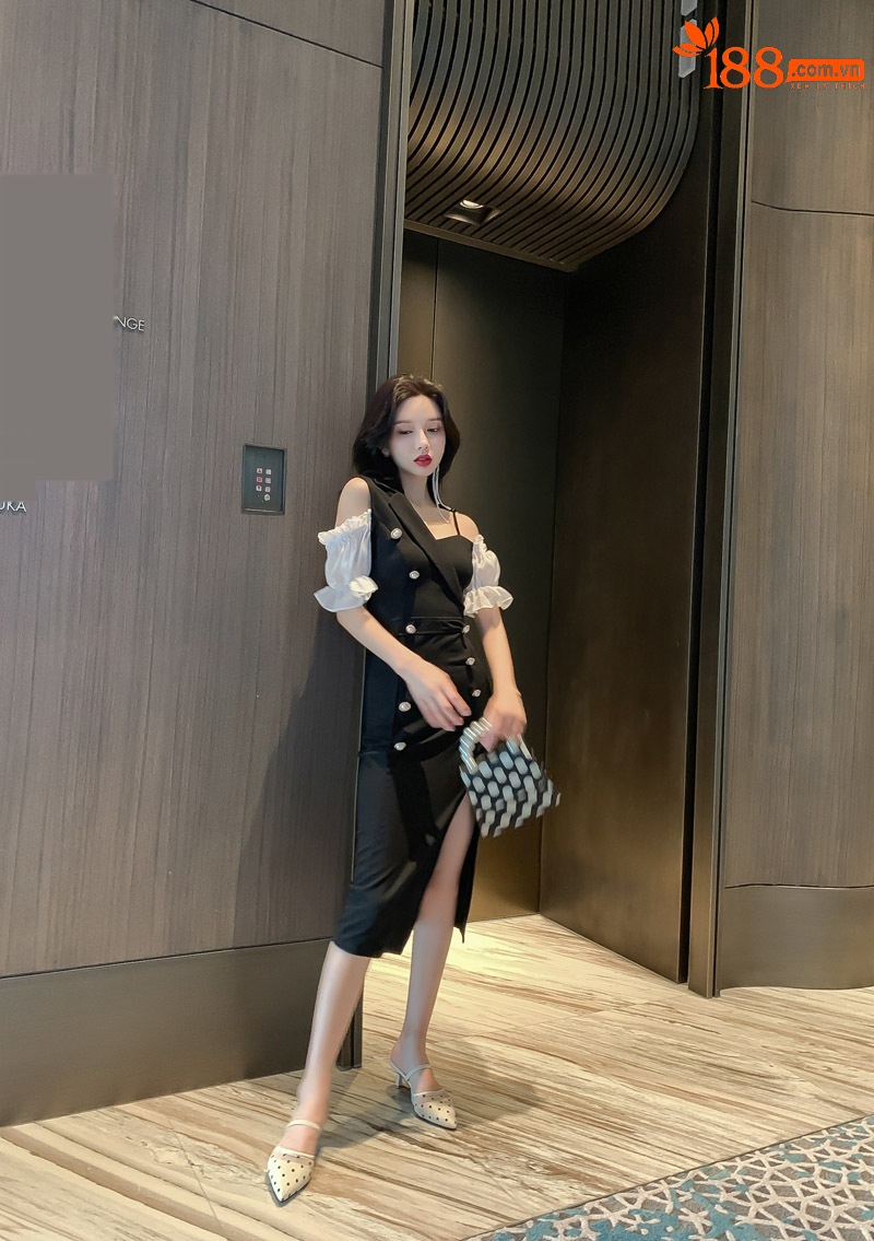 Đầm ôm body nữ kiểu Hepburn xẻ tà — Màu đen chi tiết 2