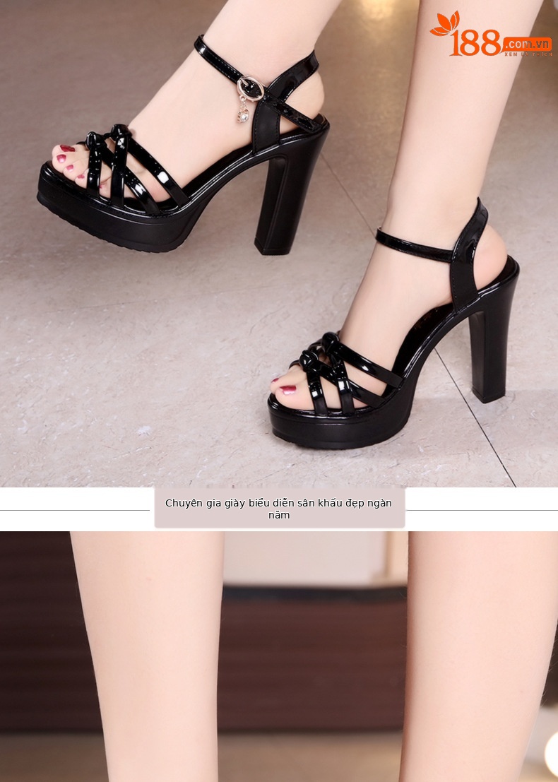 Sandal cao gót nữ hở mũi đế xuồng gót vuông 10 cm — Màu trắng 10 cm, Màu đen 10 cm, Màu Đỏ 10 cm chi tiết 5