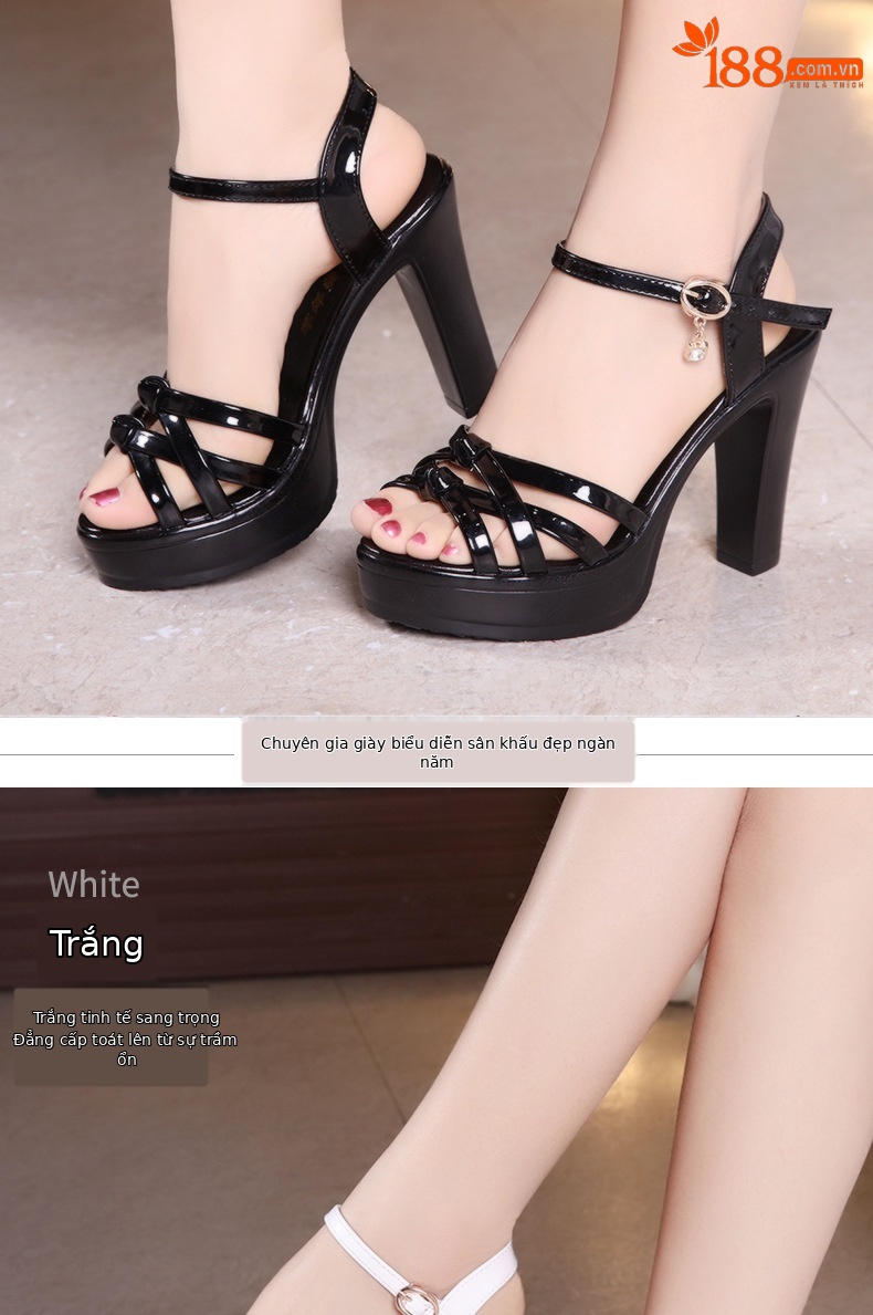 Sandal cao gót nữ hở mũi đế xuồng gót vuông 10 cm — Màu trắng 10 cm, Màu đen 10 cm, Màu Đỏ 10 cm chi tiết 6