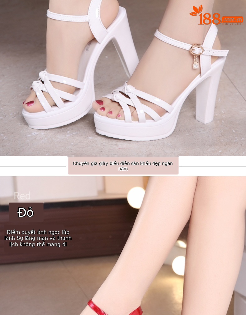 Sandal cao gót nữ hở mũi đế xuồng gót vuông 10 cm — Màu trắng 10 cm, Màu đen 10 cm, Màu Đỏ 10 cm chi tiết 8