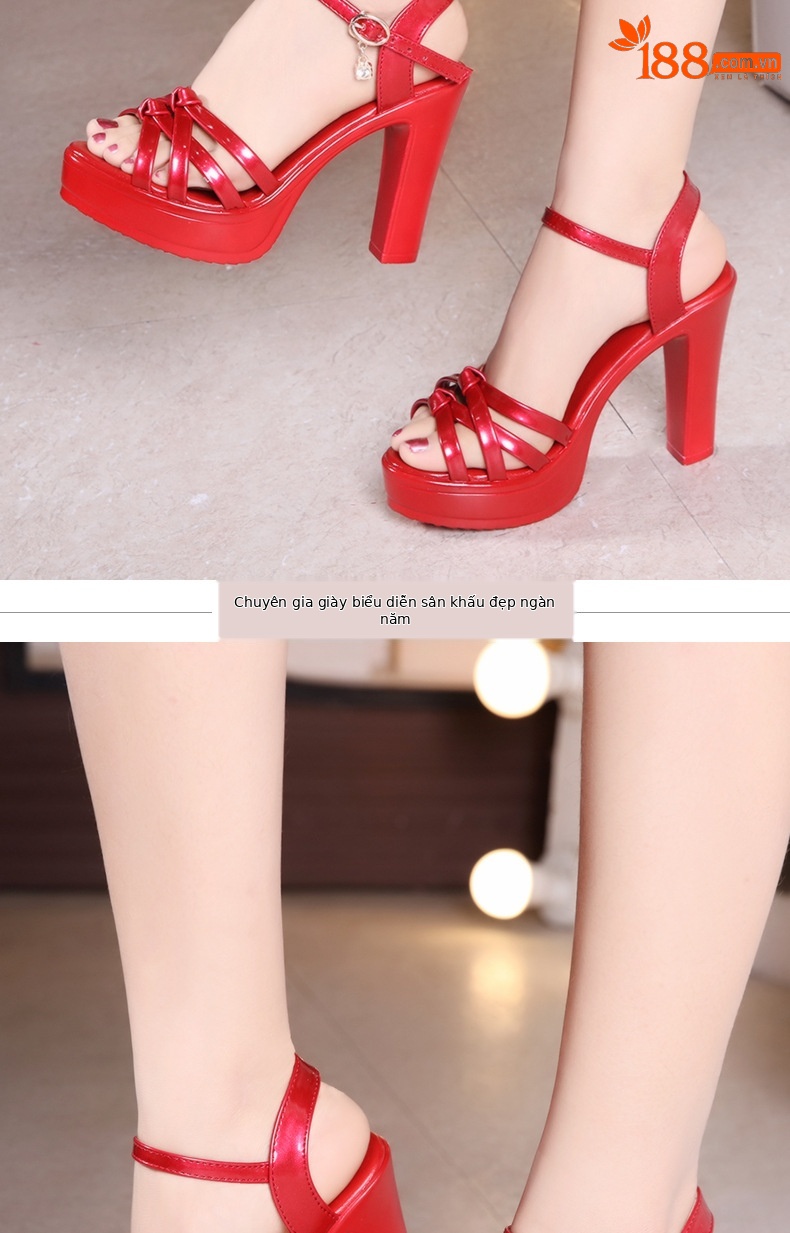 Sandal cao gót nữ hở mũi đế xuồng gót vuông 10 cm — Màu trắng 10 cm, Màu đen 10 cm, Màu Đỏ 10 cm chi tiết 9