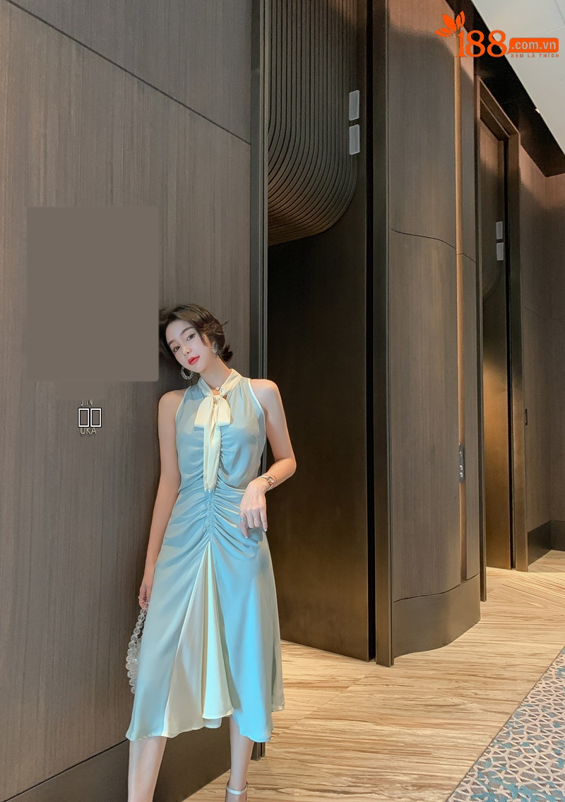 Đầm maxi nữ thắt eo cổ buộc dây xếp ly thanh lịch — Màu xanh lam chi tiết 3