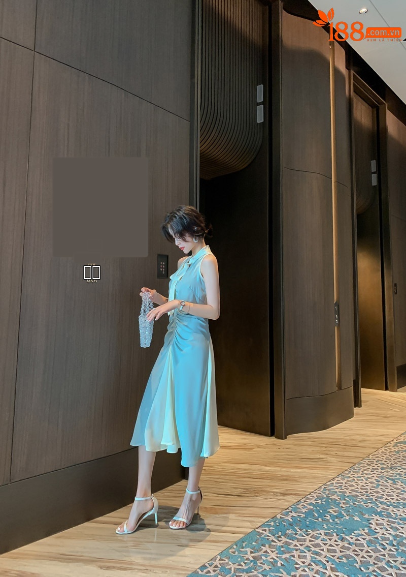 Đầm maxi nữ thắt eo cổ buộc dây xếp ly thanh lịch — Màu xanh lam chi tiết 4
