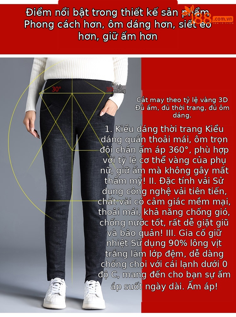 Quần jean nữ ống rộng co giãn lông vũ trắng giữ ấm cho bà bầu — Xanh lam đậm chi tiết 4
