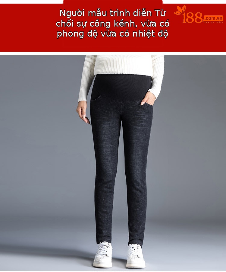 Quần jean nữ ống rộng co giãn lông vũ trắng giữ ấm cho bà bầu — Xanh lam đậm chi tiết 10
