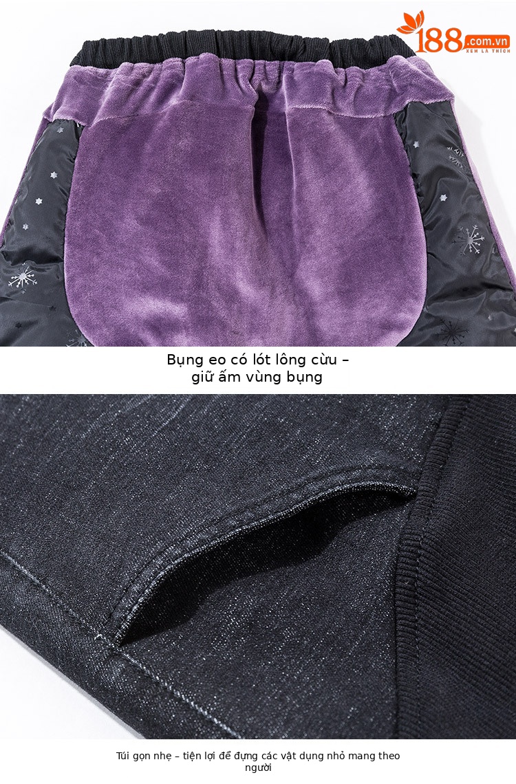 Quần jean nữ ống rộng co giãn lông vũ trắng giữ ấm cho bà bầu — Xanh lam đậm chi tiết 17