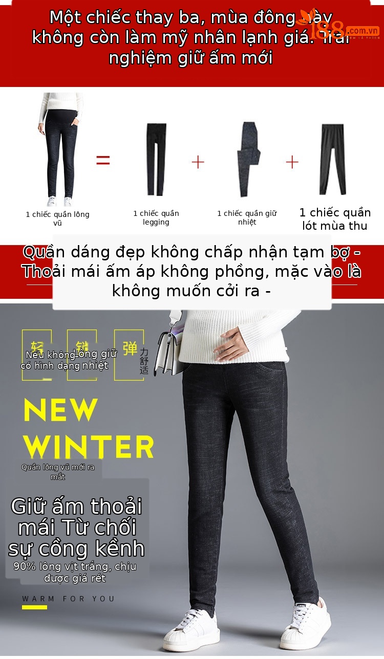 Quần jean nữ ống rộng co giãn lông vũ trắng giữ ấm cho bà bầu — Xanh lam đậm chi tiết 3