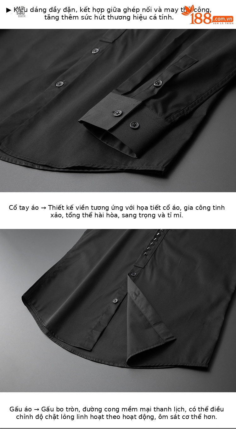 Áo sơ mi nam dài tay cao cấp phối đinh tán kim cương thủ công — Màu trắng, Màu đen chi tiết 10