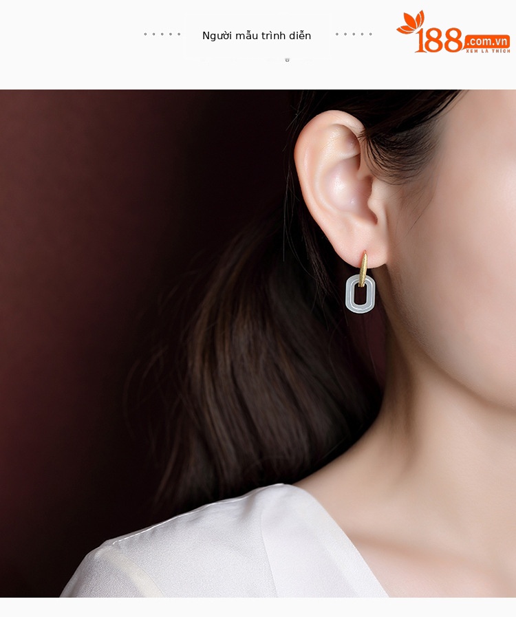Khuyên tai nữ bạc S925 mạ vàng đính ngọc Hòa Điền phong cách hình học Hàn Quốc — Kiểu mạ bạch kim chi tiết 6