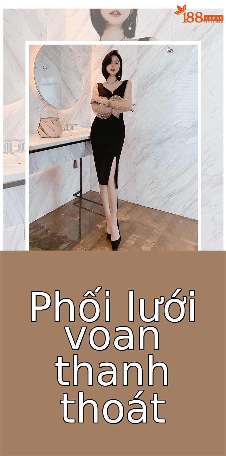 Đầm ôm body nữ đính sequin lưới tay loe cổ chữ V xẻ tà — Màu đen chi tiết 1