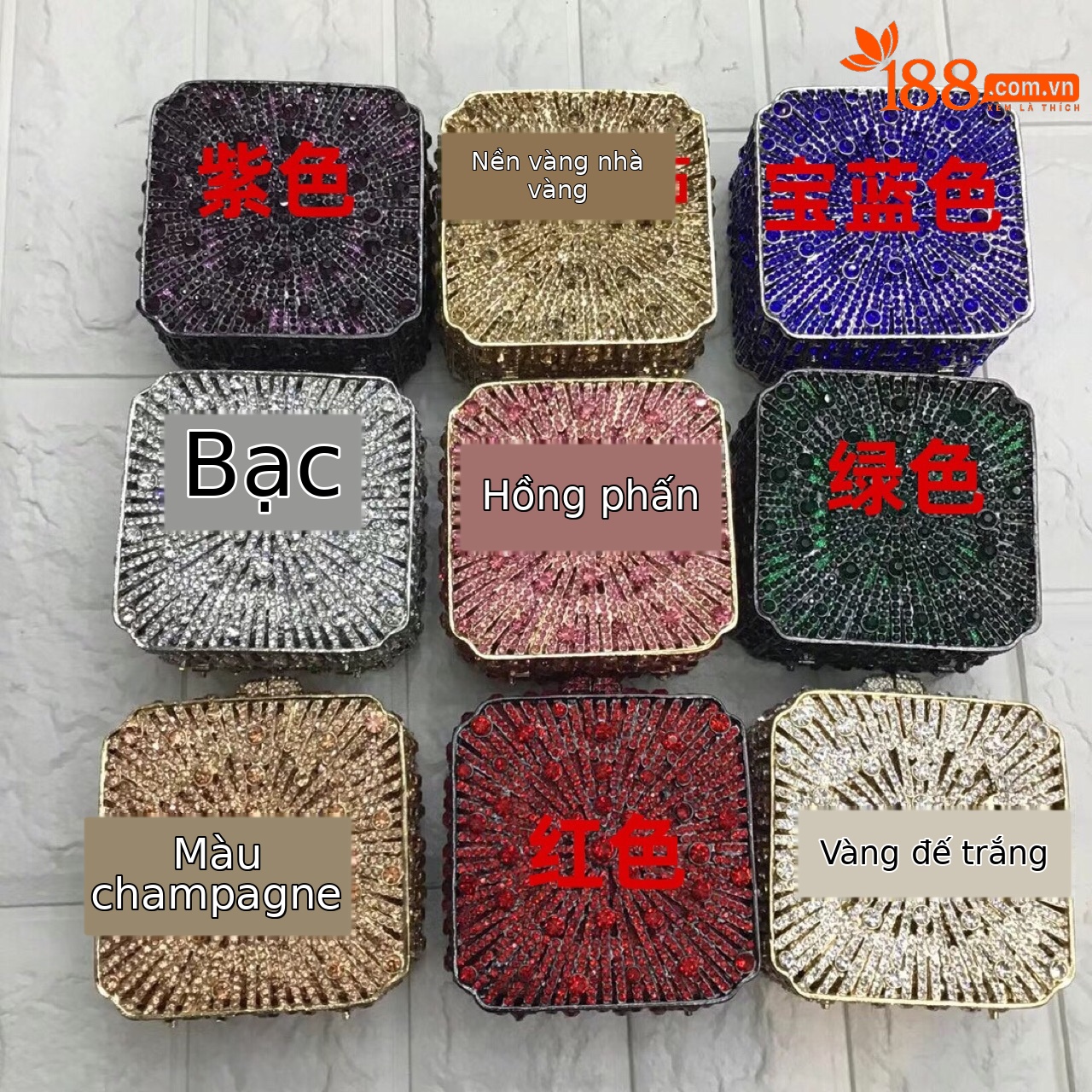 Túi xách tay nữ hộp vuông nhỏ nạm kim cương, phụ kiện dạ tiệc sang trọng — Bạc/Hàng có sẵn, Màu Hồng/Hàng sẵn, Kim cương trắng đáy vàng/tại chỗ, Kim cương Vàng/tại chỗ chi tiết 1