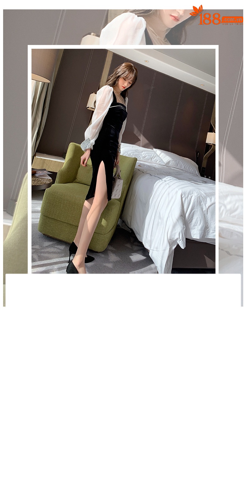 Váy nhung nữ cổ vuông ôm body xẻ tà phong cách Hepburn — Màu đen chi tiết 1