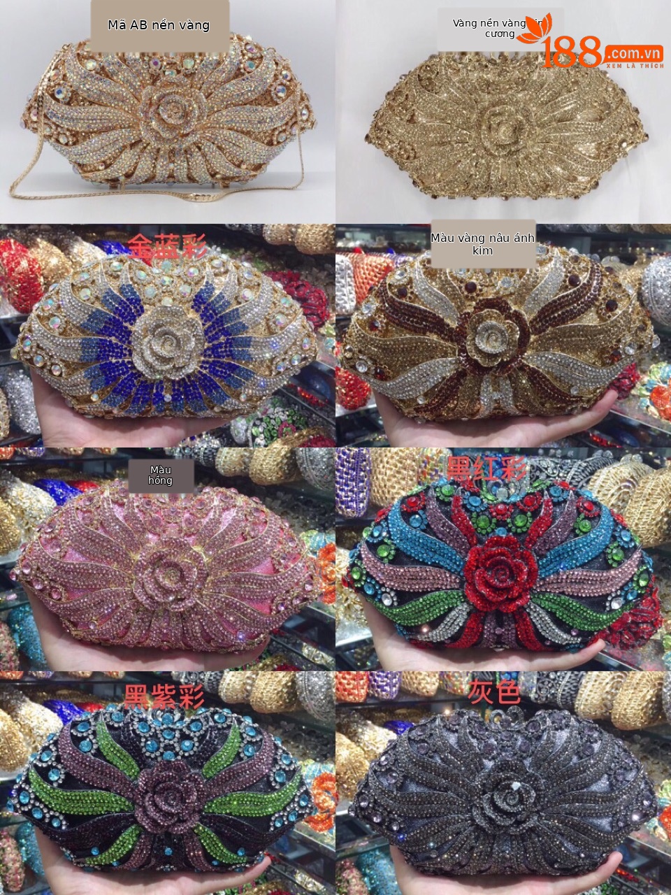 Túi clutch nữ đính kim cương giả kim loại rỗng, kiểu dáng sang trọng, kích thước 22.5x12x6 cm — Đế Vàng Kim Cương chi tiết 1