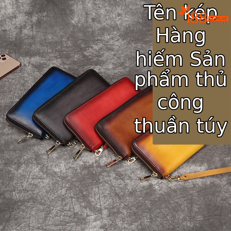Ví dài nữ da bò thật khóa kéo cầm tay dung tích lớn — Vàng cổ điển, Nâu cổ điển, Đỏ cổ điển, Xanh lam cổ điển chi tiết 1