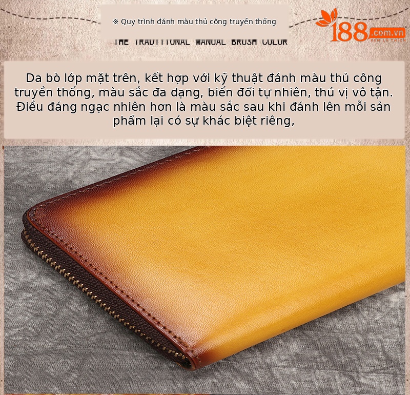 Ví dài nữ da bò thật khóa kéo cầm tay dung tích lớn — Vàng cổ điển, Nâu cổ điển, Đỏ cổ điển, Xanh lam cổ điển chi tiết 3