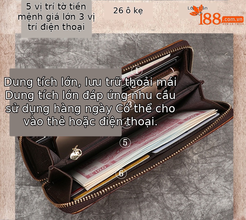 Ví dài nữ da bò thật khóa kéo cầm tay dung tích lớn — Vàng cổ điển, Nâu cổ điển, Đỏ cổ điển, Xanh lam cổ điển chi tiết 8