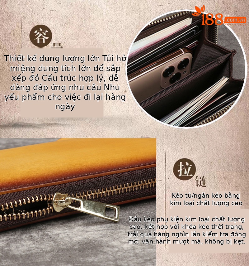 Ví dài nữ da bò thật khóa kéo cầm tay dung tích lớn — Vàng cổ điển, Nâu cổ điển, Đỏ cổ điển, Xanh lam cổ điển chi tiết 14