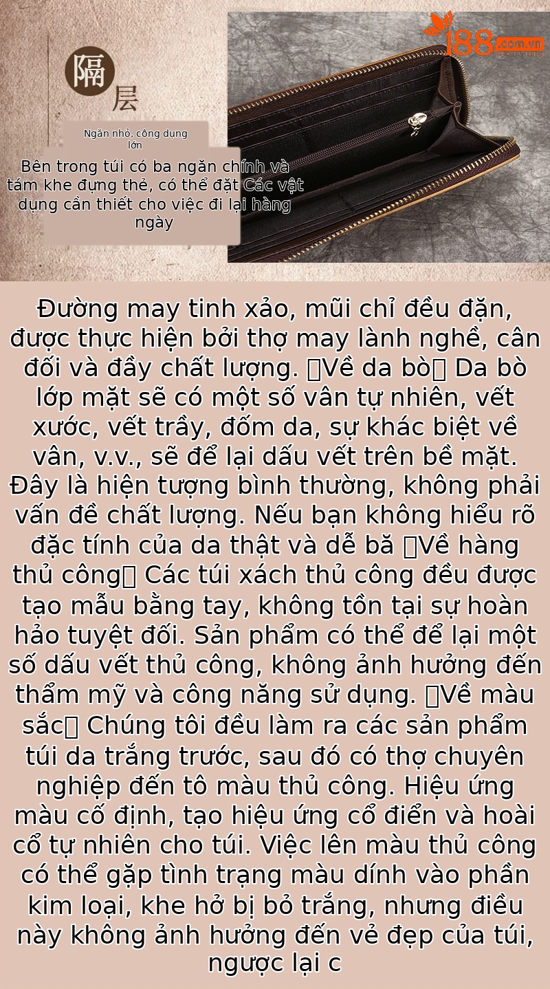 Ví dài nữ da bò thật khóa kéo cầm tay dung tích lớn — Vàng cổ điển, Nâu cổ điển, Đỏ cổ điển, Xanh lam cổ điển chi tiết 16