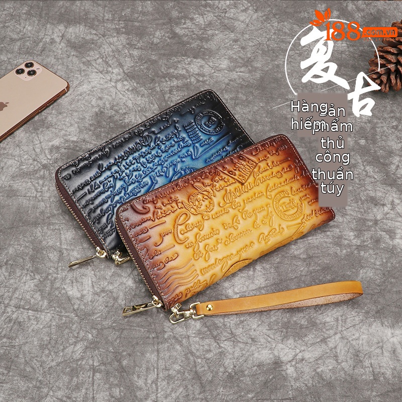 Ví cầm tay nữ da bò dập nổi phong cách retro — Vàng cổ điển, Xanh lam cổ điển chi tiết 1