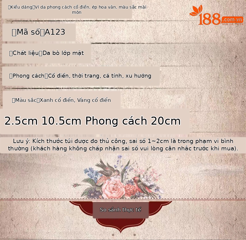 Ví cầm tay nữ da bò dập nổi phong cách retro — Vàng cổ điển, Xanh lam cổ điển chi tiết 6