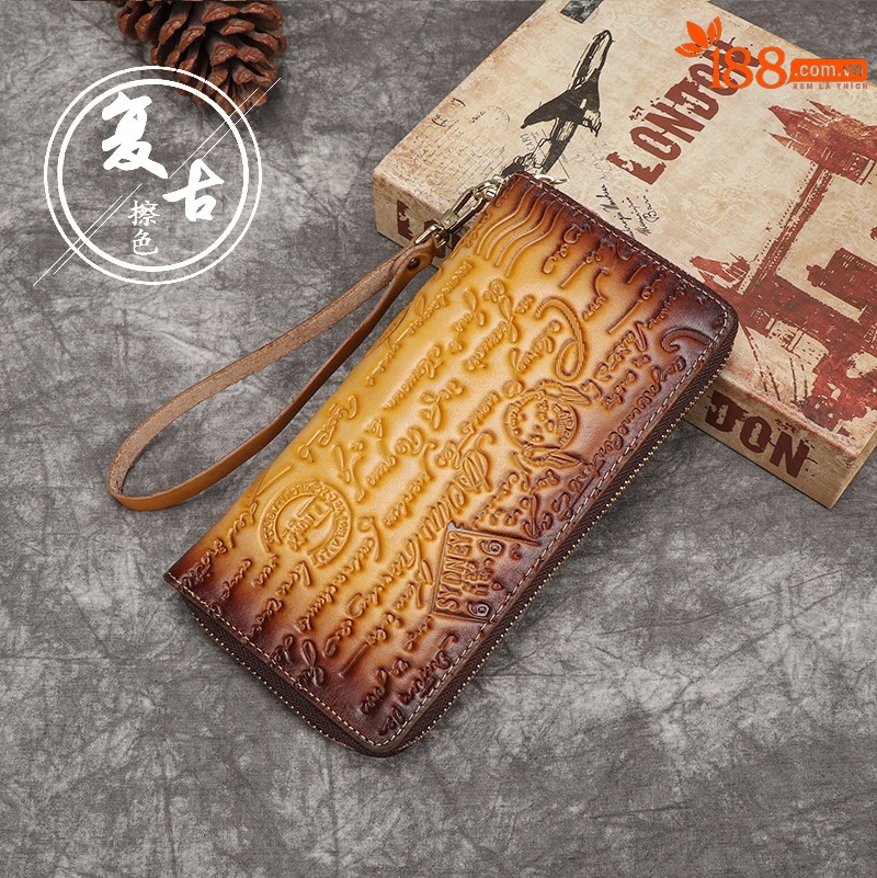 Ví cầm tay nữ da bò dập nổi phong cách retro — Vàng cổ điển, Xanh lam cổ điển chi tiết 10