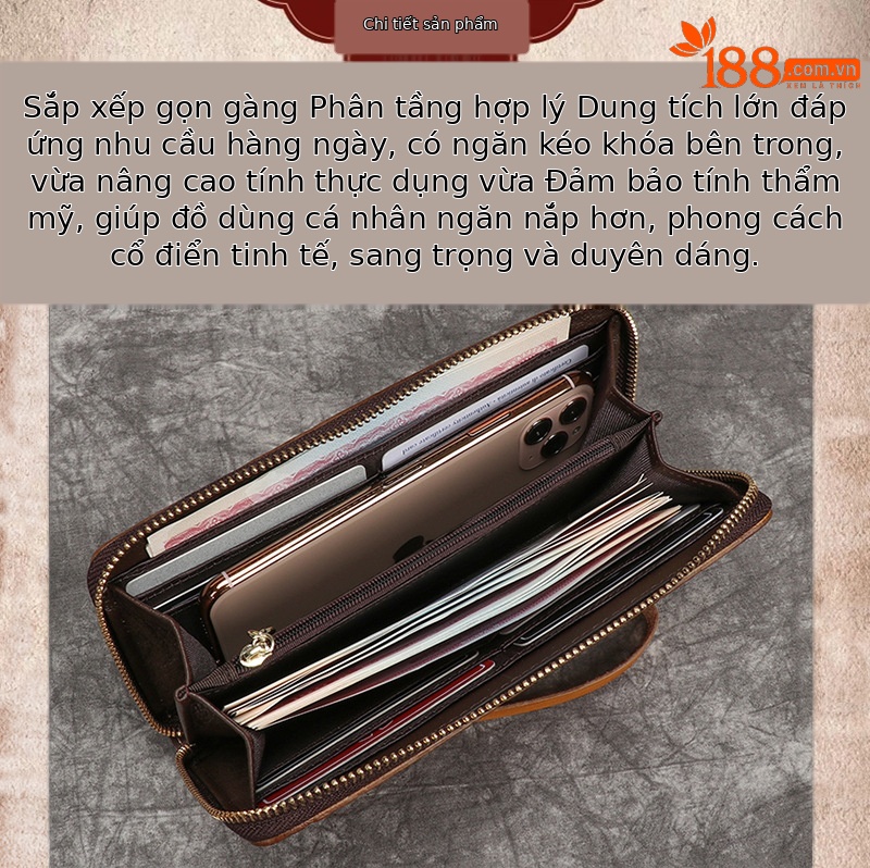 Ví cầm tay nữ da bò dập nổi phong cách retro — Vàng cổ điển, Xanh lam cổ điển chi tiết 13