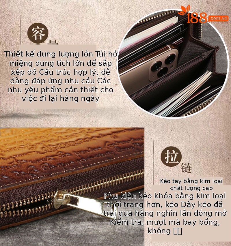 Ví cầm tay nữ da bò dập nổi phong cách retro — Vàng cổ điển, Xanh lam cổ điển chi tiết 14